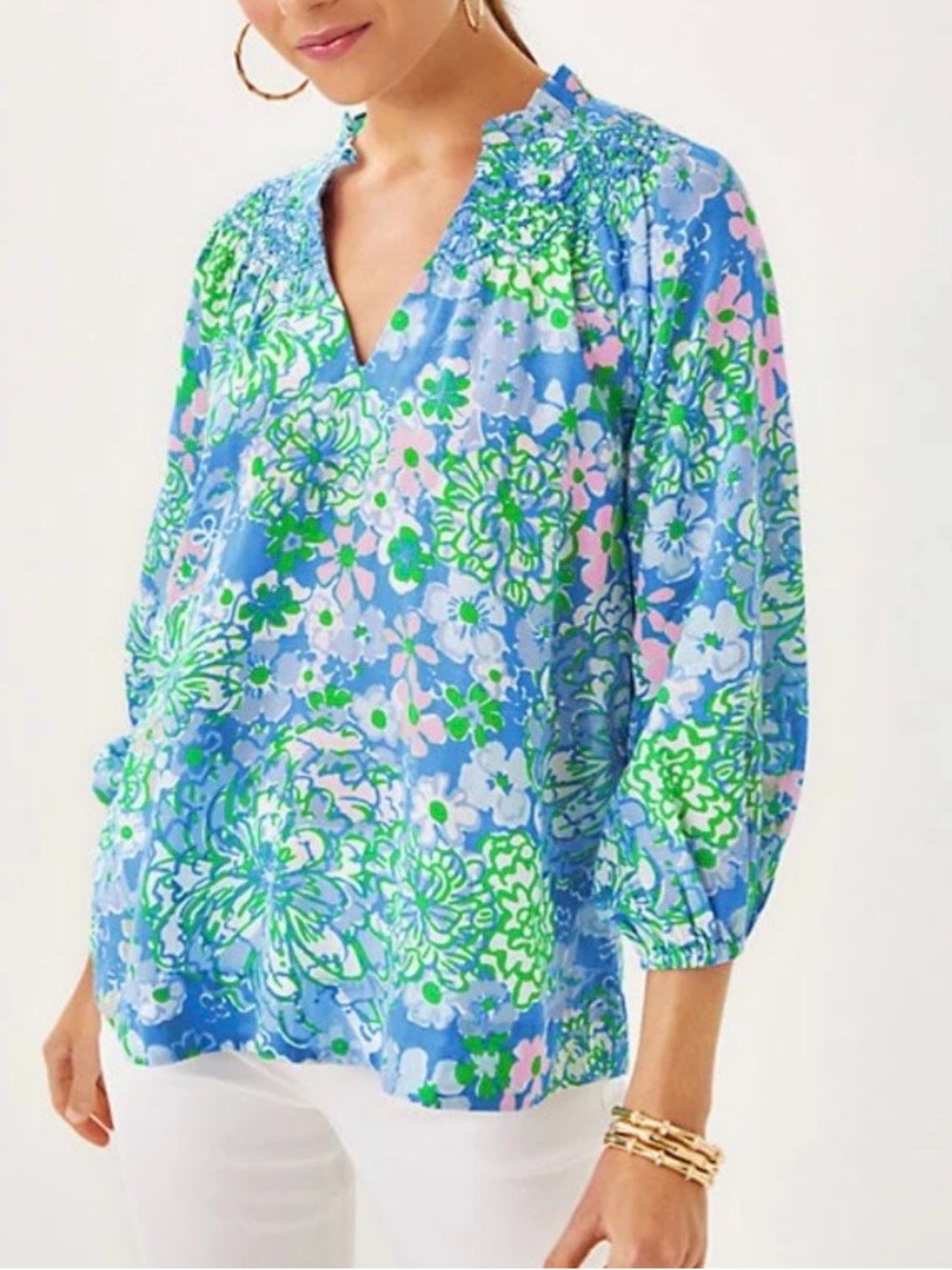 NWT Lilly Pulitzer Lourdes 3/4 Sleeve Smocked Cotton Top L